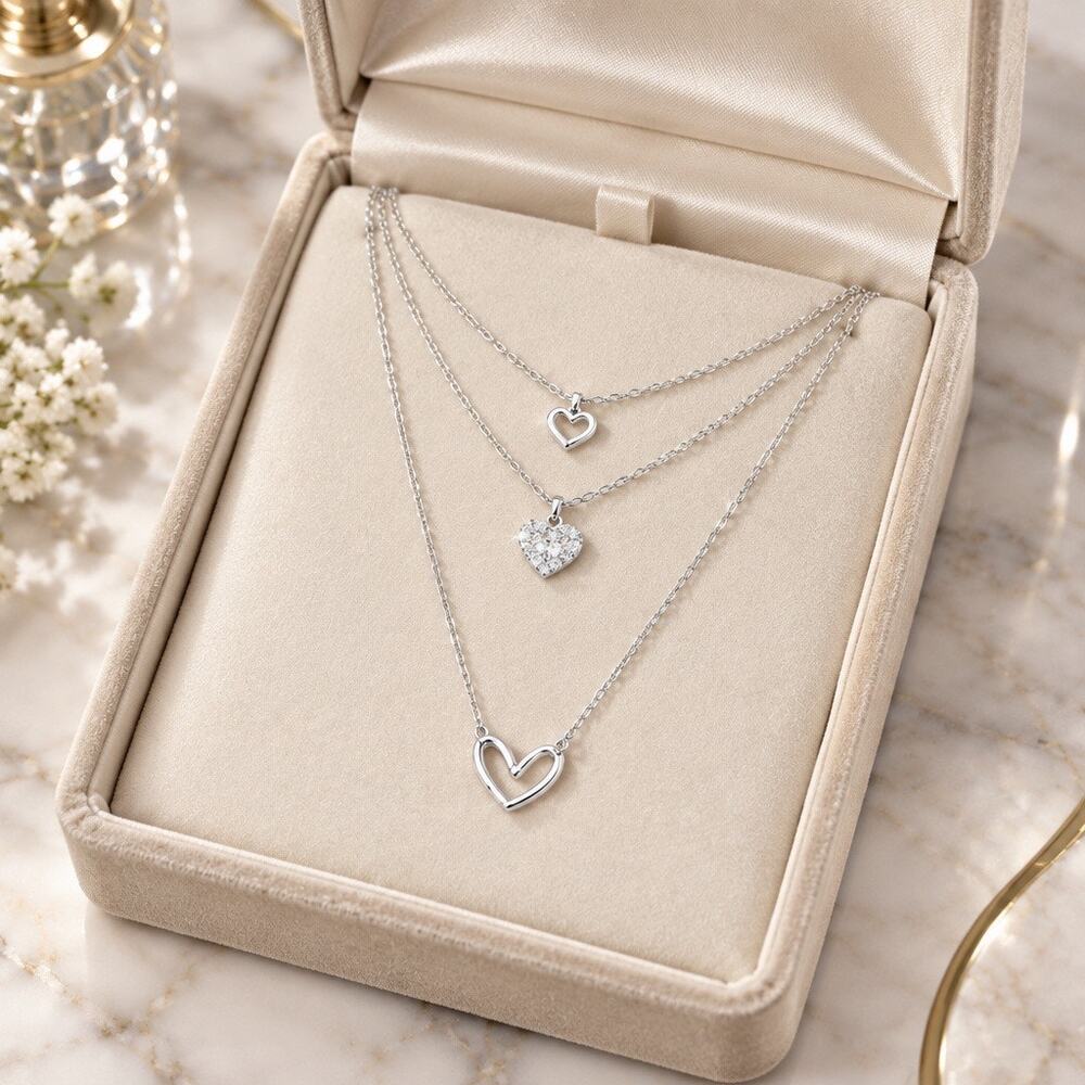 Dainty Silver Triple Tier Clear Crystal Heart Layering Statement Necklace